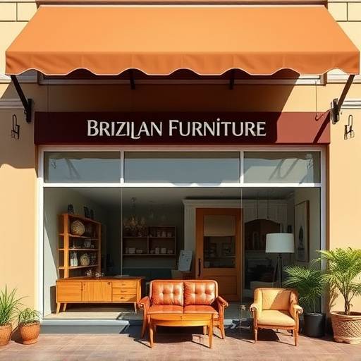 Fachada do prédio da Móveis Elegância Brasileira, com toldo marrom e janelas grandes