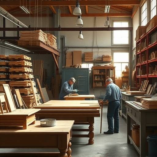Interior da fábrica de móveis com artesãos trabalhando em peäas de madeira