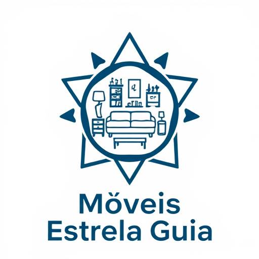 Logotipo da Móveis Estrela Guia: Uma estrela estilizada com um móvel dentro, e o nome da empresa abaixo
