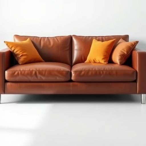 Sofá de couro marrom em estilo moderno com almofadas claras